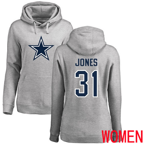 Women Dallas Cowboys Ash Byron Jones Name and Number Logo 31 Pullover NFL Hoodie Sweatshirts